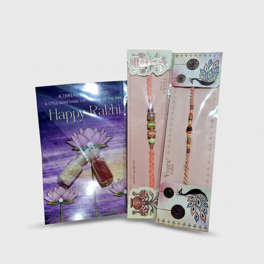 Two designer rakhis with roli chawal card