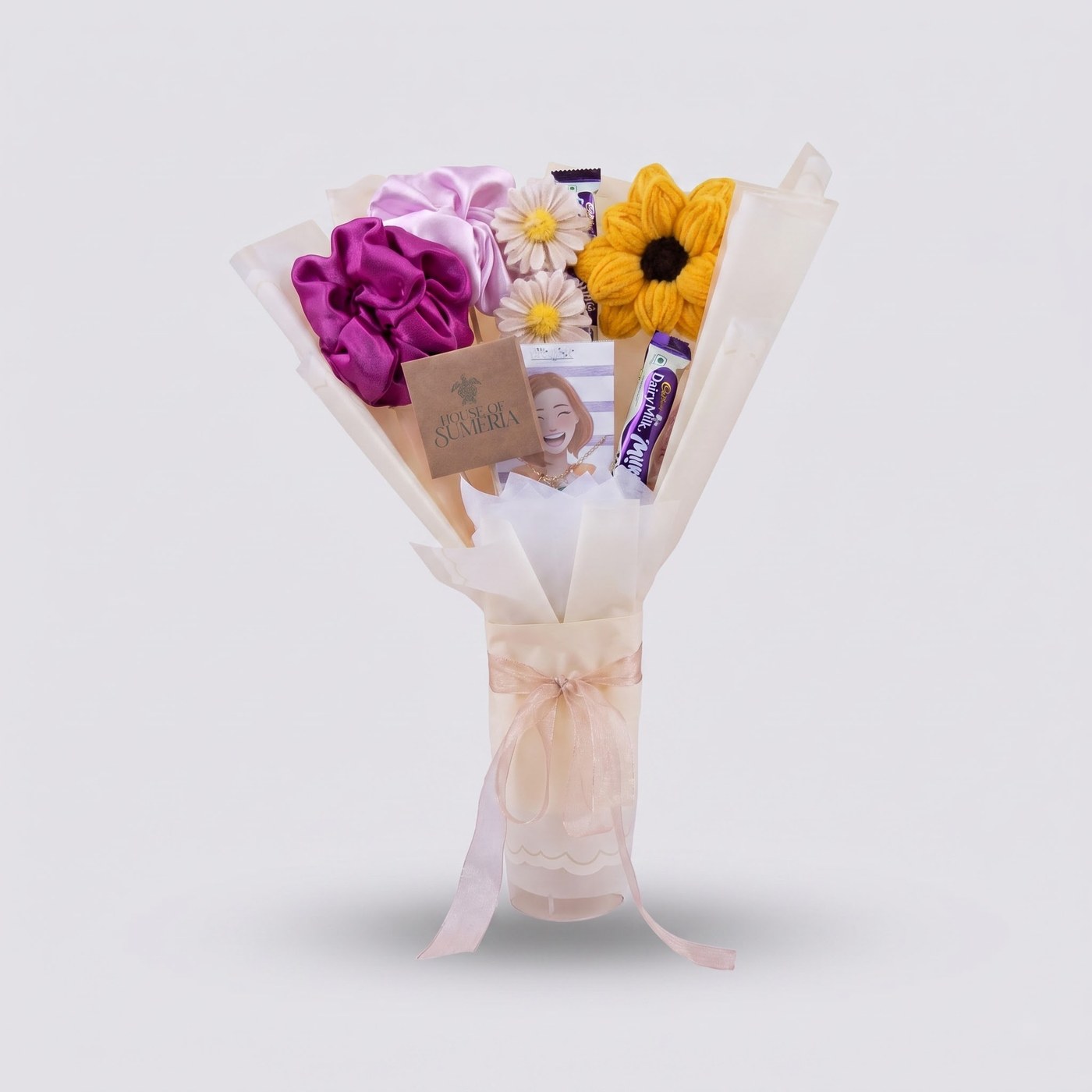 A gift bouquet of scrunchies, crochet flowers and chocolate